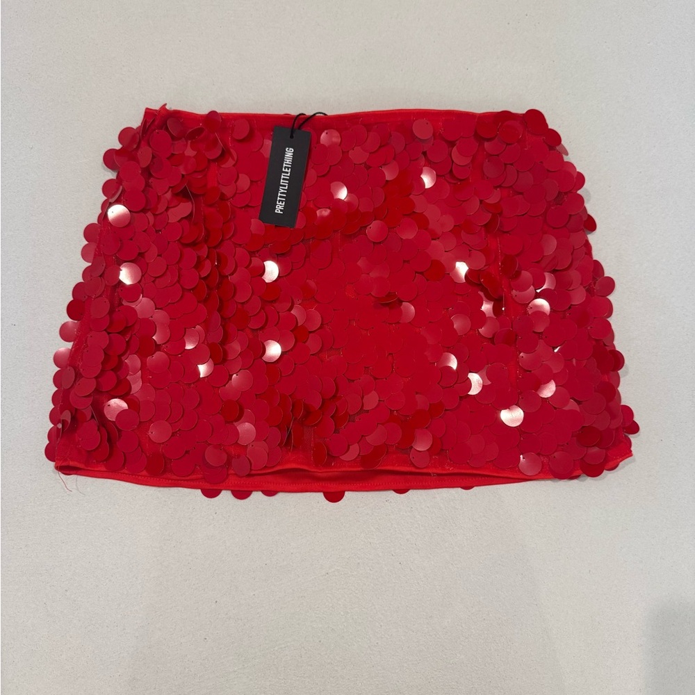 NWT PrettyLittleThing Vibrant Red Sequin Mini Skirt